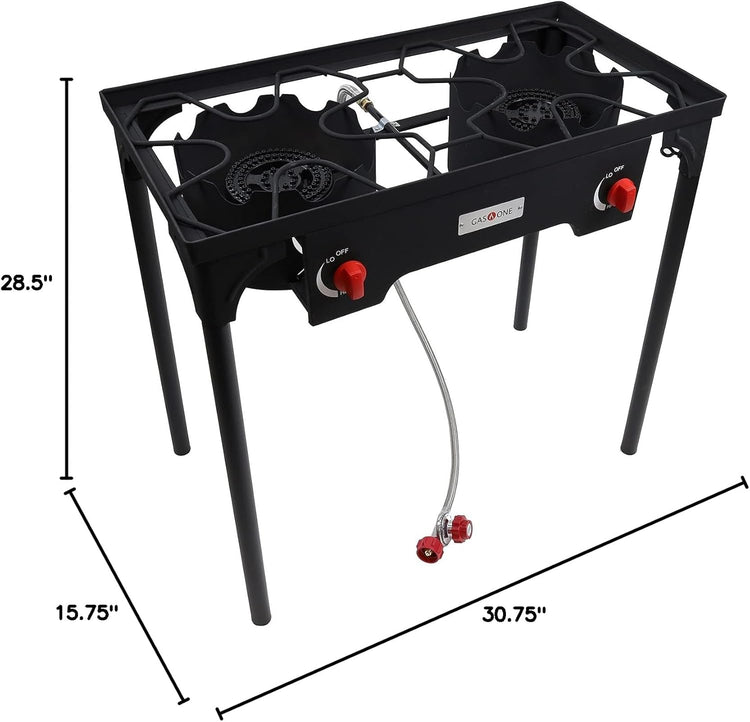 Gas One Propane Double Burner Two Burner Camp Stove Outdoor High Pressure Propane 2 Burner Adjustable PSI Regulator and 4ft Steel Braided Hose With Removable Legs