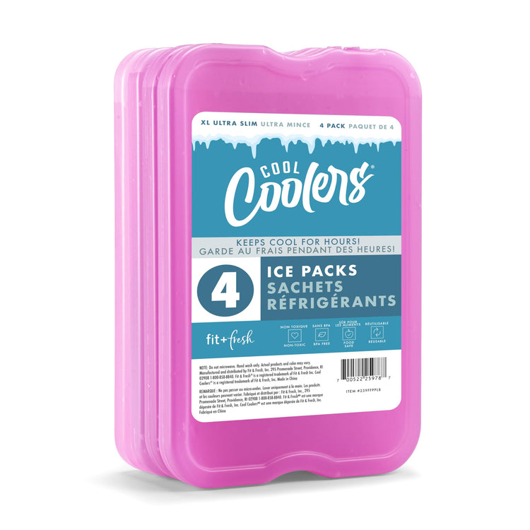 Cool Coolers by Fit & Fresh 4 Pack XL Slim Ice Packs, Quick Freeze Space Saving Reusable Ice Packs for Lunch Boxes or Coolers, Blue, 239ICE, 4 count (Pack of 1)