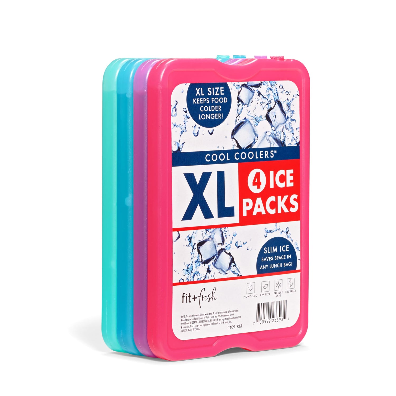 Cool Coolers by Fit & Fresh 4 Pack XL Slim Ice Packs, Quick Freeze Space Saving Reusable Ice Packs for Lunch Boxes or Coolers, Blue, 239ICE, 4 count (Pack of 1)