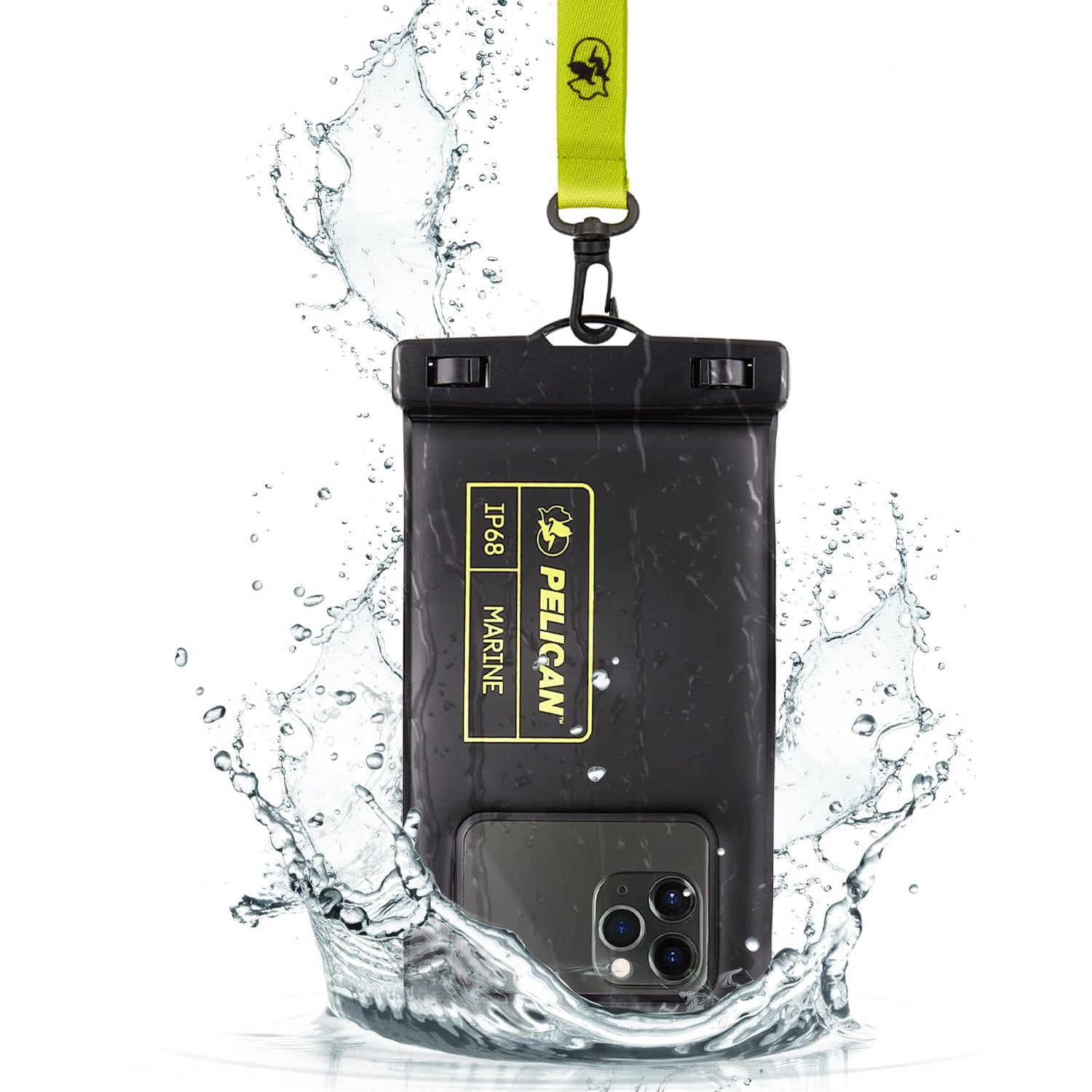 Pelican Marine - IP68 Waterproof Phone Pouch (XL Size) Floating Waterproof Phone Case - Beach Cruise Ship Travel Essentials - Works with All Phones - Detachable Lanyard - Black/Hi-Vis Yellow