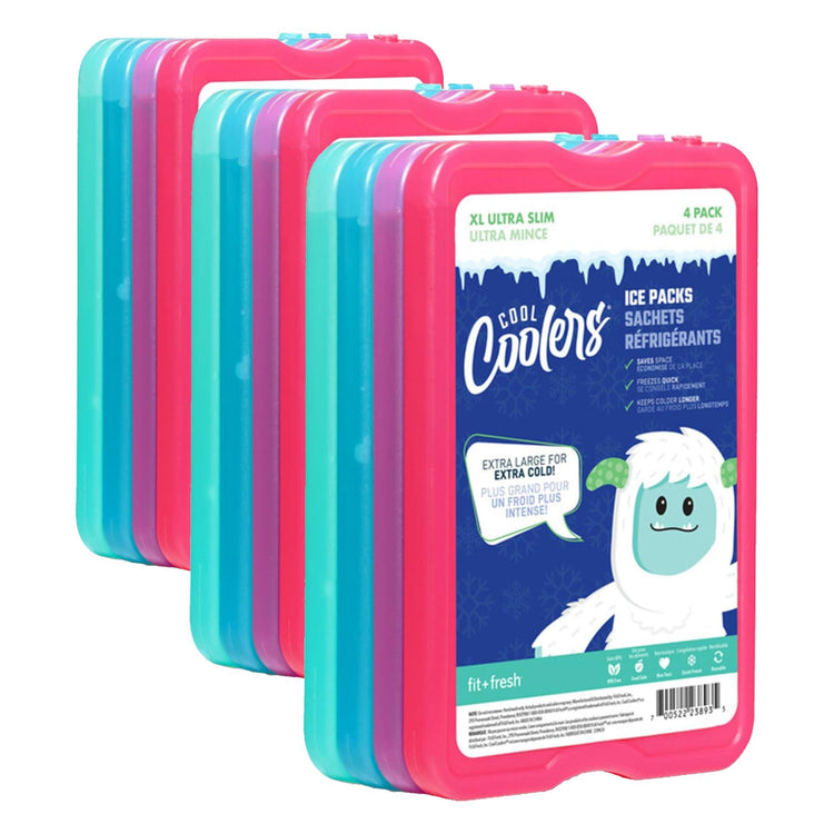 Cool Coolers by Fit & Fresh 4 Pack XL Slim Ice Packs, Quick Freeze Space Saving Reusable Ice Packs for Lunch Boxes or Coolers, Blue, 239ICE, 4 count (Pack of 1)