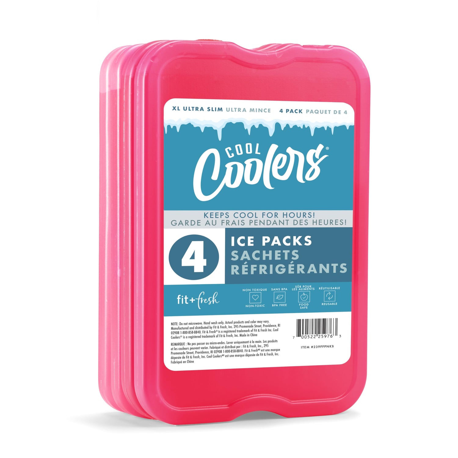 Cool Coolers by Fit & Fresh 4 Pack XL Slim Ice Packs, Quick Freeze Space Saving Reusable Ice Packs for Lunch Boxes or Coolers, Blue, 239ICE, 4 count (Pack of 1)