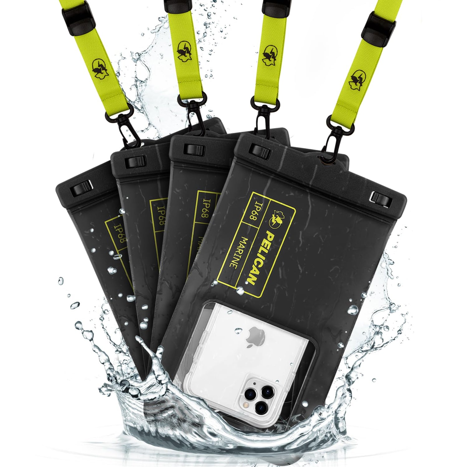 Pelican Marine - IP68 Waterproof Phone Pouch (XL Size) Floating Waterproof Phone Case - Beach Cruise Ship Travel Essentials - Works with All Phones - Detachable Lanyard - Black/Hi-Vis Yellow