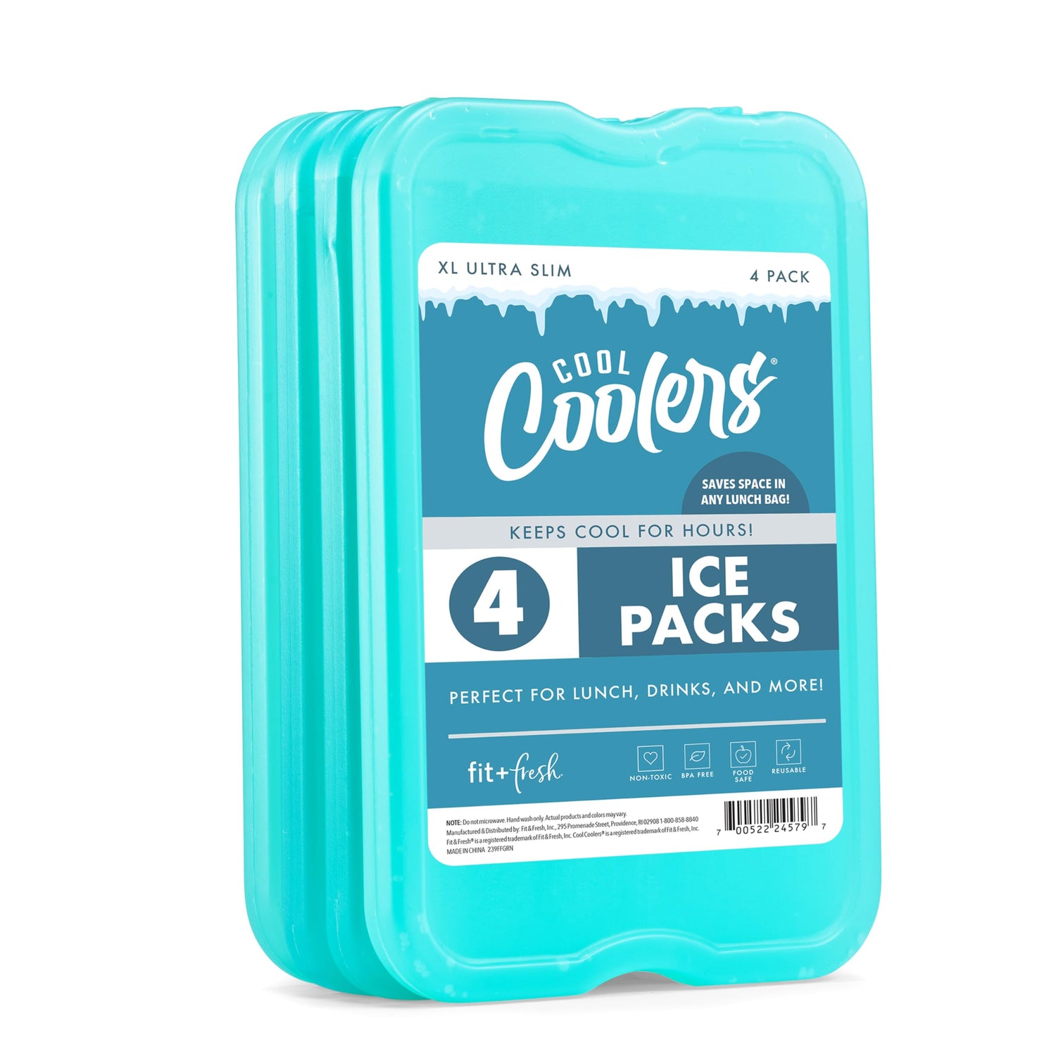 Cool Coolers by Fit & Fresh 4 Pack XL Slim Ice Packs, Quick Freeze Space Saving Reusable Ice Packs for Lunch Boxes or Coolers, Blue, 239ICE, 4 count (Pack of 1)