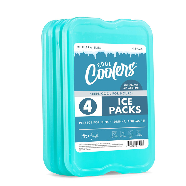 Cool Coolers by Fit & Fresh 4 Pack XL Slim Ice Packs, Quick Freeze Space Saving Reusable Ice Packs for Lunch Boxes or Coolers, Blue, 239ICE, 4 count (Pack of 1)