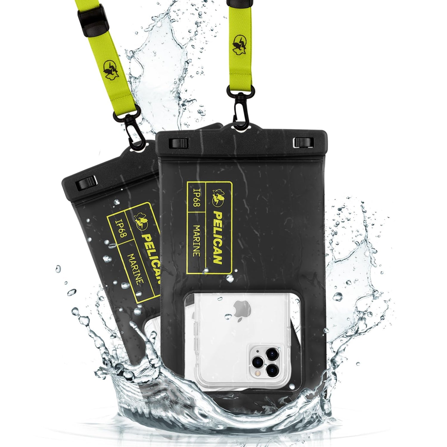 Pelican Marine - IP68 Waterproof Phone Pouch (XL Size) Floating Waterproof Phone Case - Beach Cruise Ship Travel Essentials - Works with All Phones - Detachable Lanyard - Black/Hi-Vis Yellow