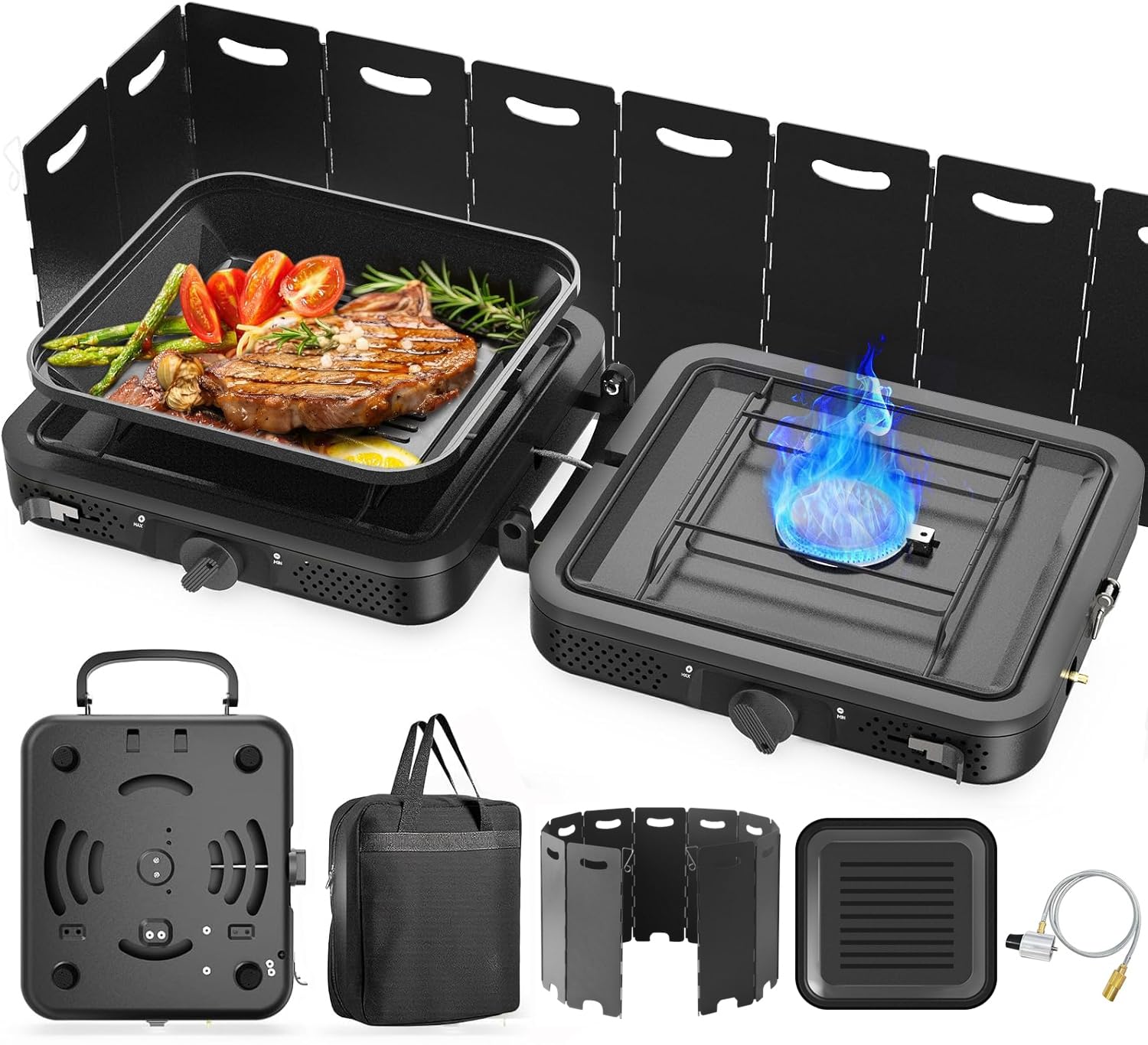 Camping Stove, 2 Burner Propane Stove With Grill,17,000 BTU Camp Stove, Foldable Camping Stove Propane Includes Carry Bag,Windscreen & Grill,Adjustable Burners & Piezo Ignition for Tailgating,BBQ,Camp