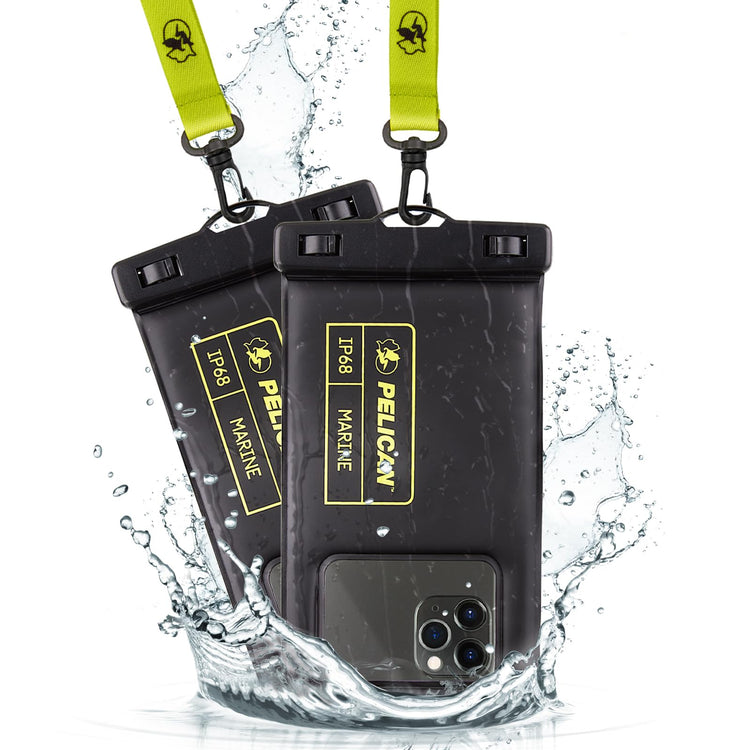 Pelican Marine - IP68 Waterproof Phone Pouch (XL Size) Floating Waterproof Phone Case - Beach Cruise Ship Travel Essentials - Works with All Phones - Detachable Lanyard - Black/Hi-Vis Yellow