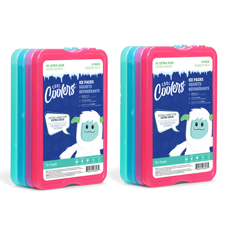 Cool Coolers by Fit & Fresh 4 Pack XL Slim Ice Packs, Quick Freeze Space Saving Reusable Ice Packs for Lunch Boxes or Coolers, Blue, 239ICE, 4 count (Pack of 1)