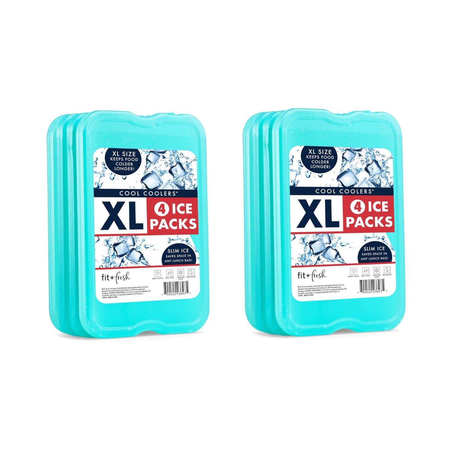 Cool Coolers by Fit & Fresh 4 Pack XL Slim Ice Packs, Quick Freeze Space Saving Reusable Ice Packs for Lunch Boxes or Coolers, Blue, 239ICE, 4 count (Pack of 1)